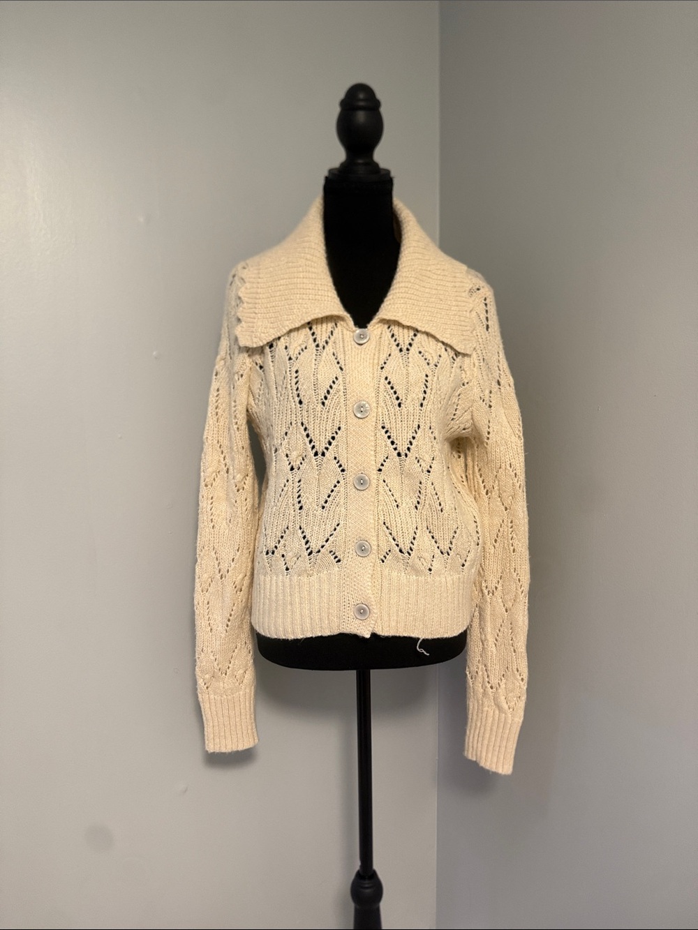 Sincerly Jules Cream Openwork Button-Front Knit Cardigan